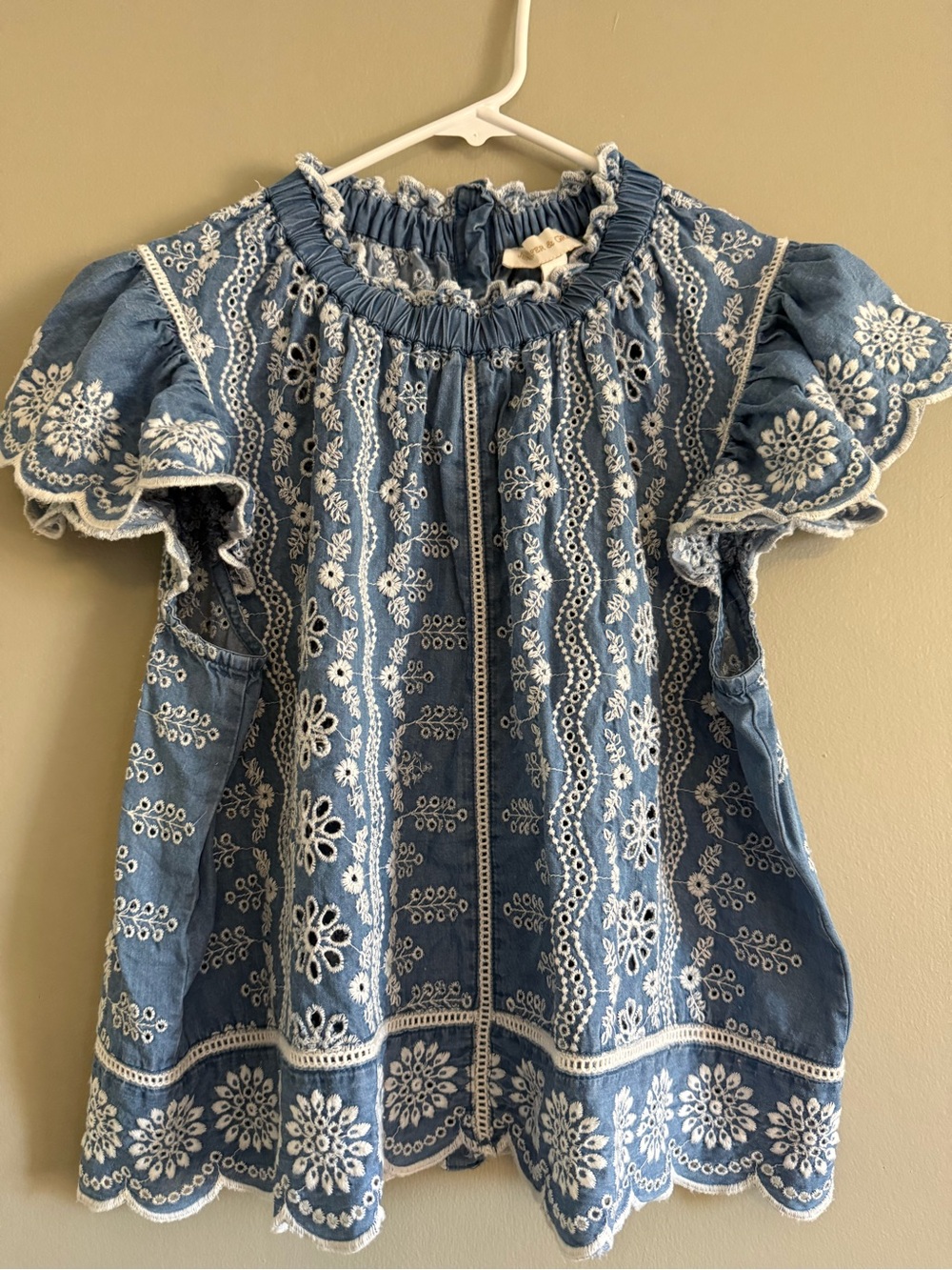 Jennifer & Grace Blue & White Chambray Eyelet Embroidered Puff Sleeve Blouse Lg